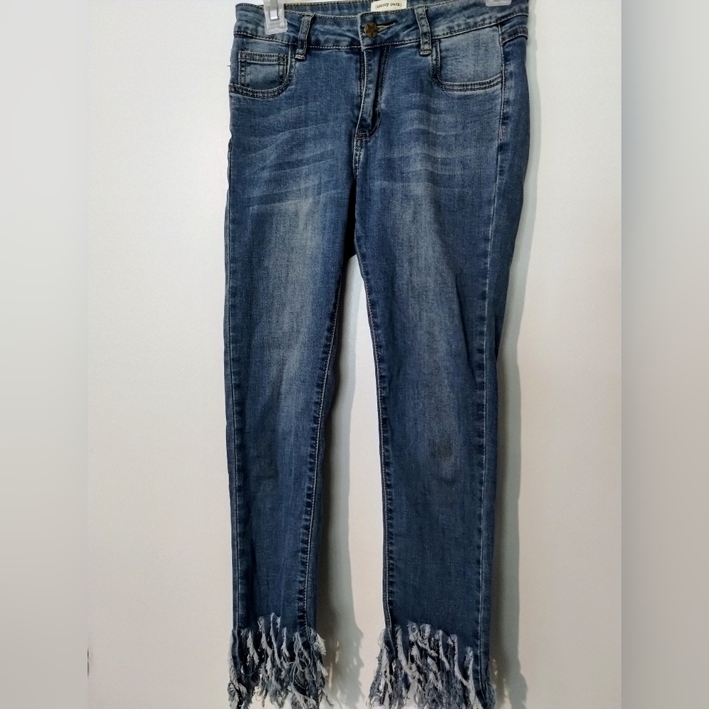 Emory Park Classic Blue Women's Jeans With Fringe Bottoms